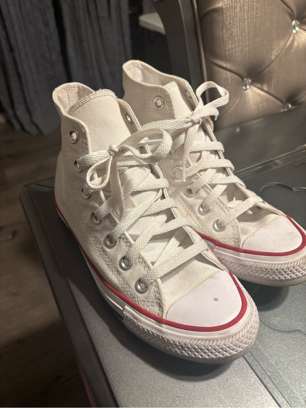 Converse White High Top Sneakers with Red Trim